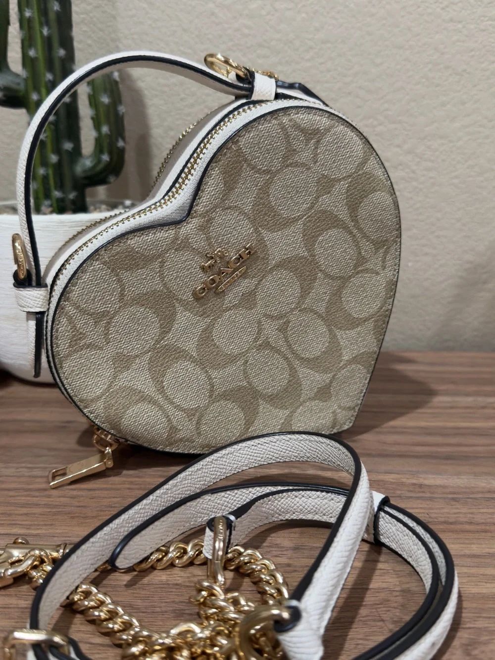 Coach Beige Signature Heart Mini Crossbody with Gold Logo